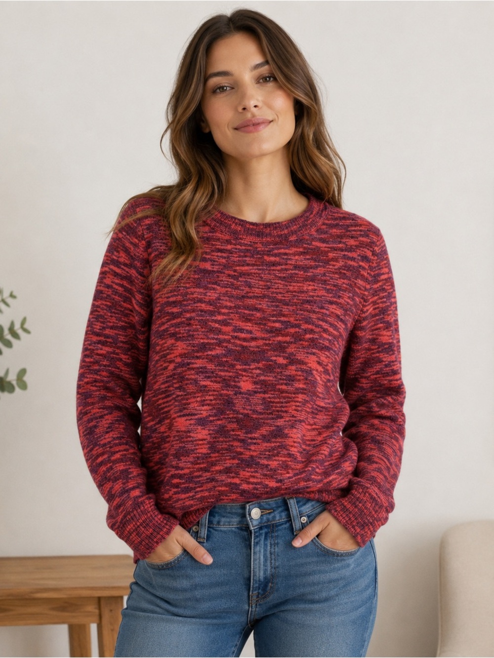 Loft Woman Size XS Coral Burgundy Marled Space Dye Crewneck Sweater Lightweight